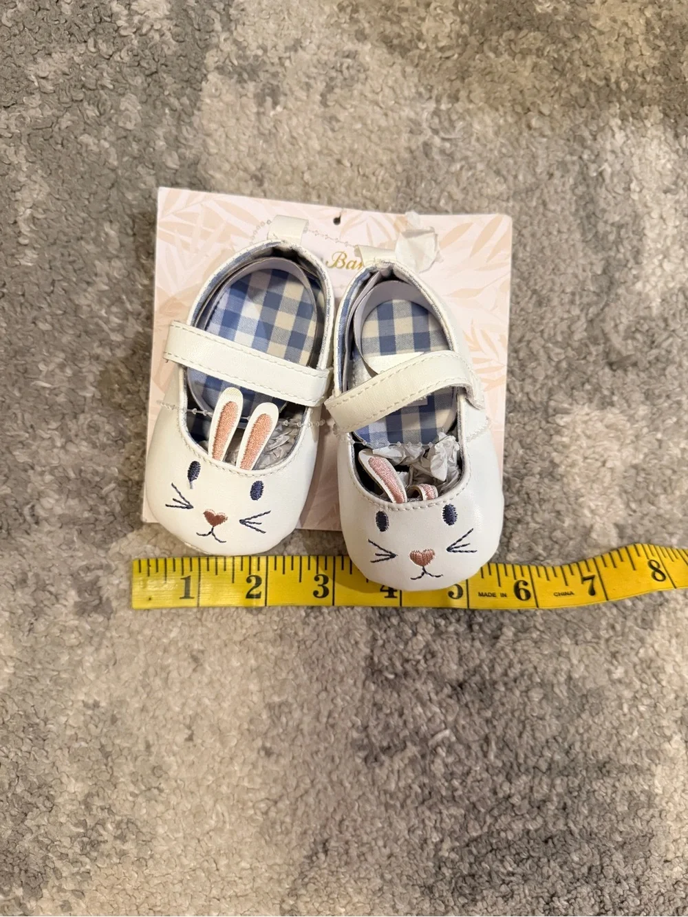 Tommy Bahama White Bunny Mary Jane Baby Shoes with Blue Gingham Lining